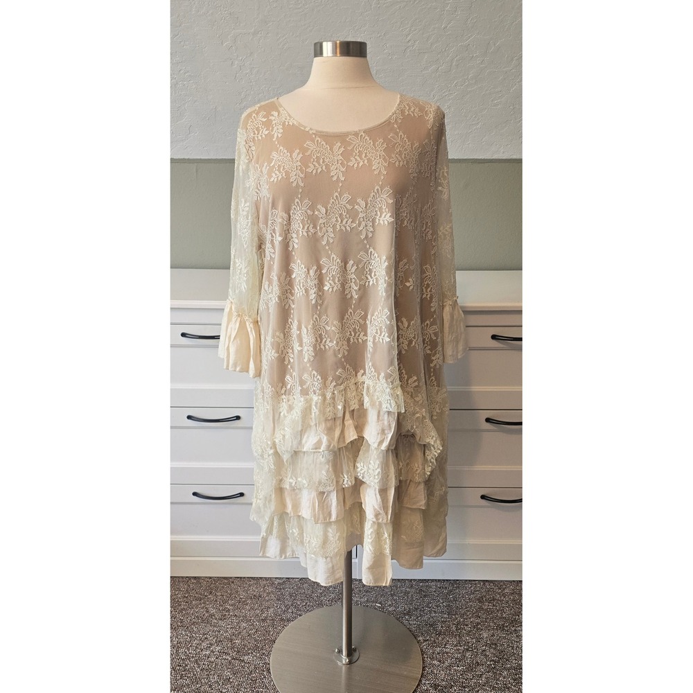 Paisley Vine 1X Lagenlook Tunic Dress Lace Ruffle Tunic Romantic Elegant Boho